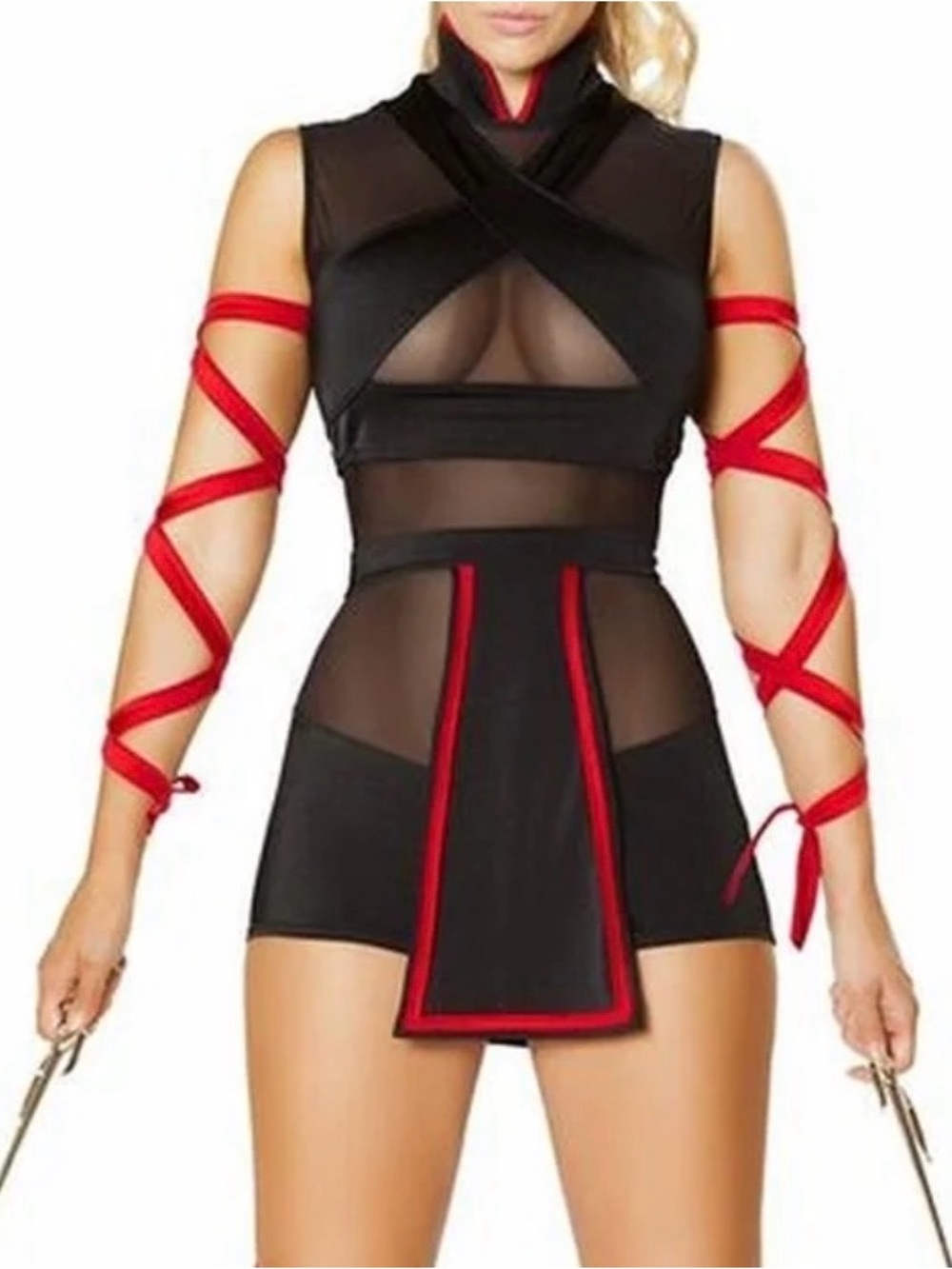 HALLOWEEN Black and Red Ninja Woman’s Costume - Classic Ninja Outfit Sexy Sheer